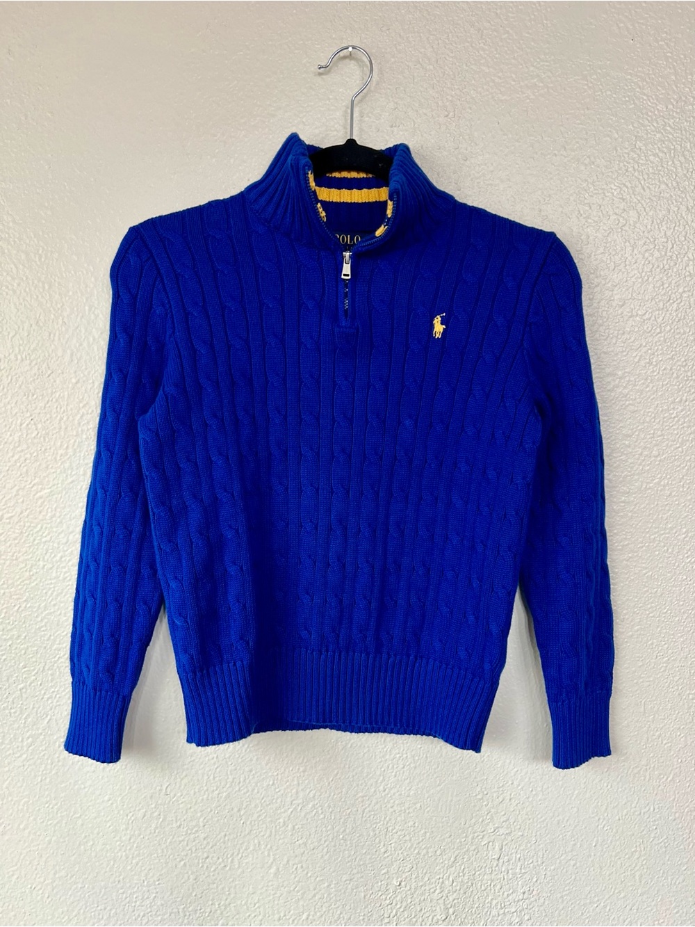Polo Ralph Lauren Blue Cable-Knit Quarter Zip Sweater Yellow Pony size M 10-12